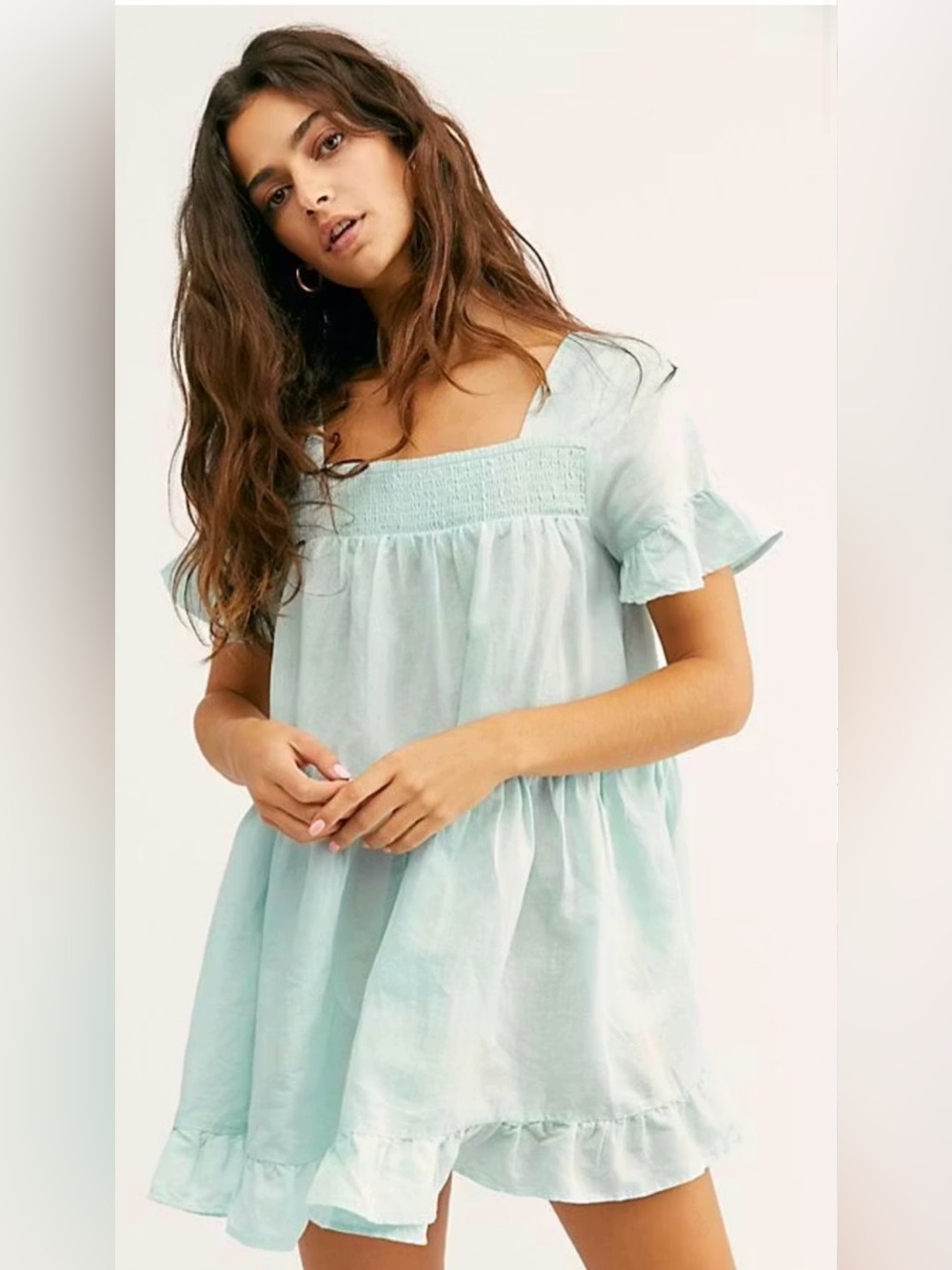 Day + Moon Smocked Babydoll Ruffled Mini Dress Light Green Flowy Small